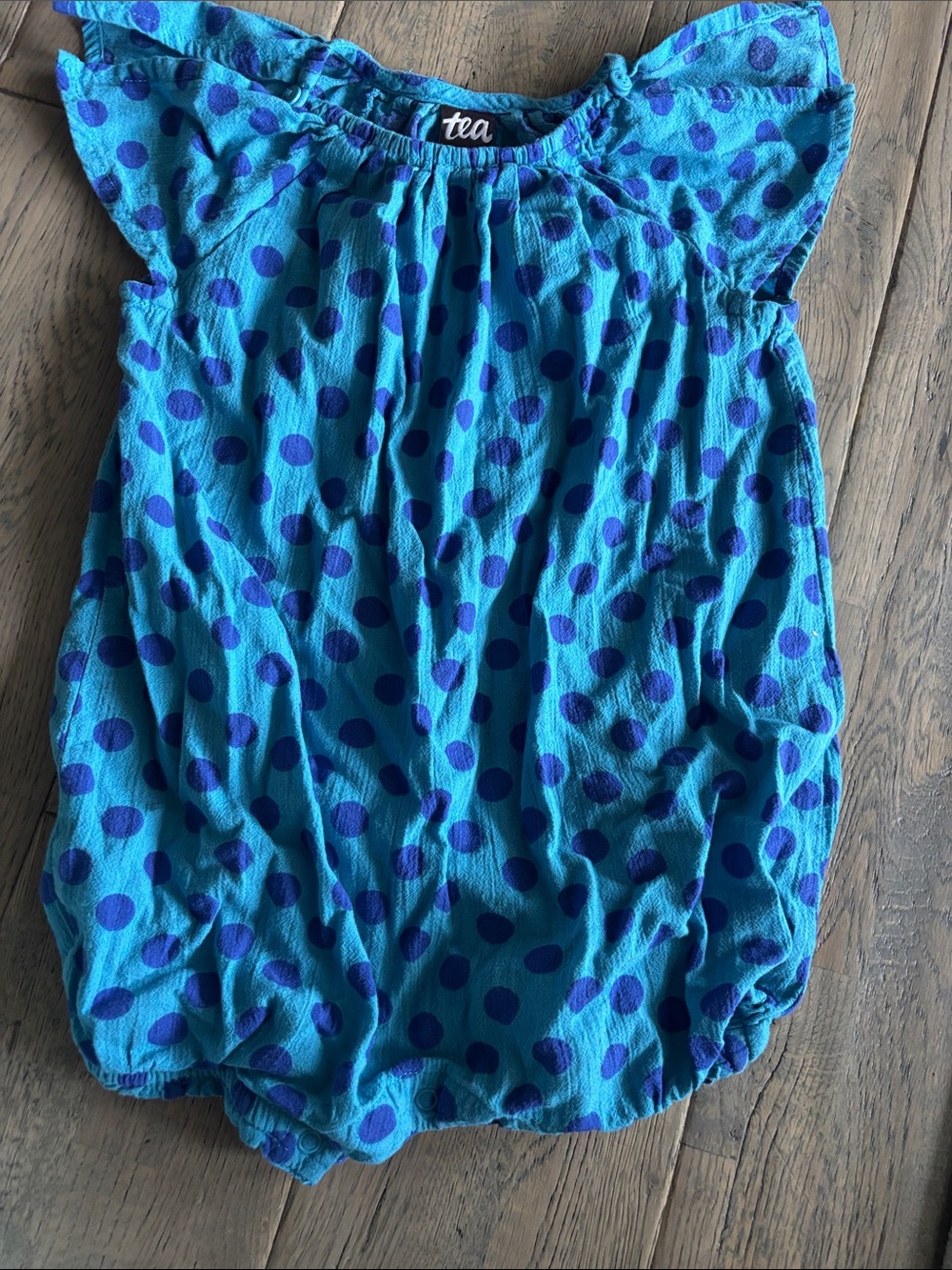 Tea Collection Turquoise Dot Romper with Navy Polka Dots